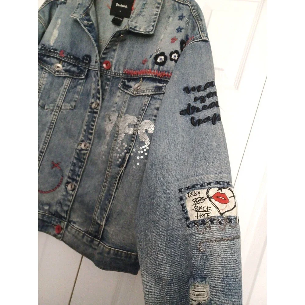 Desigual Women's Chaq Yes Embroidered Jean Jacket Blue Size M 100% cotton - Picture 11 of 16